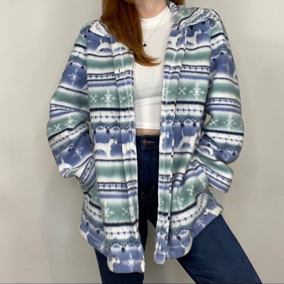 Vintage 90s/Y2K Blue Oversized Large Nordic Print Fleece Shirt Jacket Shacket - Picture 1 of 11